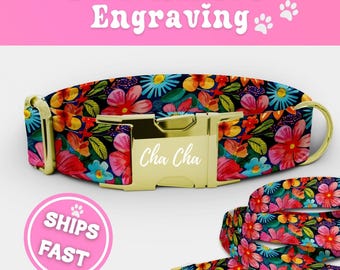 Colorful Floral Dog Collar Leash Set Personalized Engraved Adjustable Luxury Dog Collar Girl Handmade Fabric Designer Puppy Dog Collar 042-1