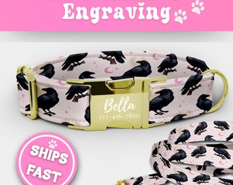 Crows Dog Collar & Leash Set Custom Personalized Engraved Buckle Halloween Crows Dog Collar Adjustable Handmade Halloween Dog Collar 179-1