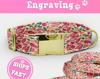 Watercolor Floral Dog Collar and Leash Set Engraved Personalized Flower Luxury Fabric Puppy Collar Adjustable Handmade Pup Dog Collar 023-1