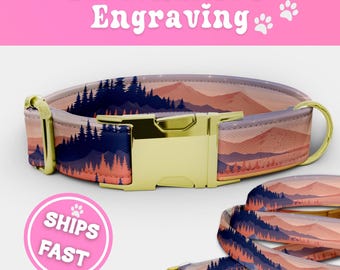 Engraved Mountain Dog Collar and Leash Set Personalized Handmade Fabric Dog Collar Adjustable Luxury Dog Collar Boy Girl Pup Collar 024-1