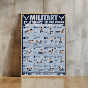 May include: A rectangular poster titled Military Calisthenics Full Body Workout with a dark blue background. It features twenty numbered exercise illustrations with text instructions, including push-ups, squats, and lunges, framed in a light wood border.