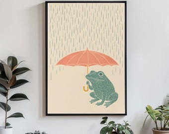 Frog With Umbrella Poster Nursery Wall Art Cute Frog Print Kids Room Decor Rainy Day Artwork Minimal Animal Poster Baby Room Decor
