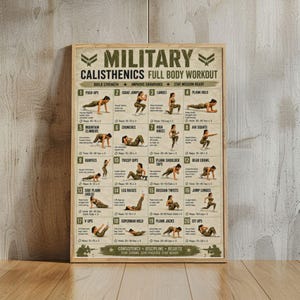 May include: A rectangular poster titled Military Calisthenics Full Body Workout featuring twenty numbered exercise illustrations with text instructions. The beige background displays figures in camouflage clothing performing various fitness movements.