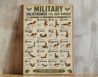 Military Calisthenics Workout Chart Camouflage Fitness Training Guide Full Body Exercise Home Gym Wall Art