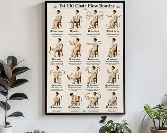 Tai Chi Chair Exercise Poster Senior Balance Training Chart Seated Mobility Workout Wall Art