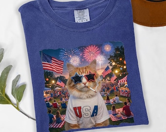 Funny Patriotic Cat Shirt USA Cat Tee Fourth of July Cat Lover Gift Fireworks Party Graphic Comfort Colors 1717