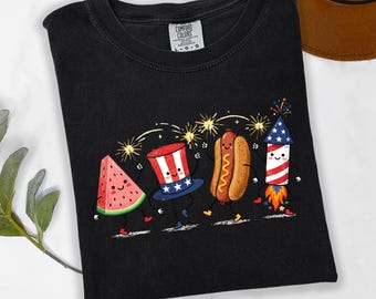 Patriotic Summer Comfort Colors Shirt Cute Fourth of July Tee Watermelon Hot Dog Fireworks USA Celebration Graphic T Shirt