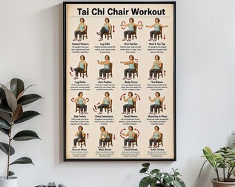 Chair Tai Chi Poster for Women Seated Exercise Guide Senior Mobility Balance Training Wall Art Poster Canvas