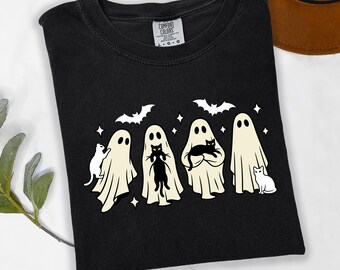 Cute Ghost Cat Shirt Halloween Black Cat Lover Tee Spooky Season Graphic T Shirt Retro Fall Halloween Cat Mom Gift