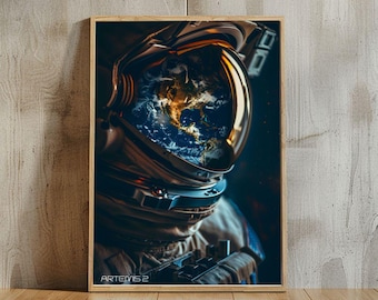Astronaut Poster and Canvas with Earth Reflection Modern Space Wall Decor Sci Fi Artwork