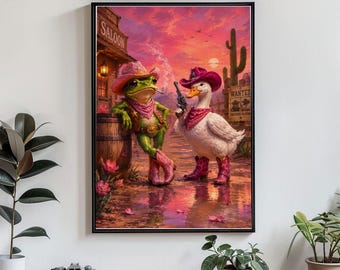 Cowboy Frog And Duck Poster Funny Western Animal Wall Art Pink Cowgirl Decor Whimsical Saloon Print Country Canvas