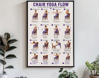 Chair Yoga Flow Poster Seated Yoga Routine Flexibility Exercise Chart Senior Stretch Guide Poster Canvas