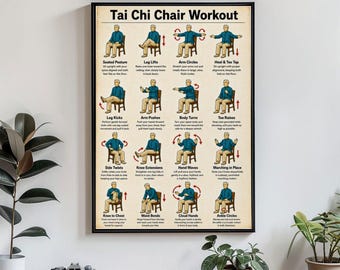 Chair Tai Chi Exercise Poster Seated Movement Chart Senior Mobility Guide Balance Training Wall Art Poster Canvas