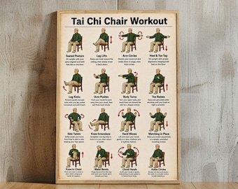 Seated Tai Chi Exercise Poster Senior Balance Training Chart Gentle Mobility Wall Art Physical Therapy Print Canvas