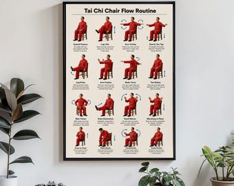 Tai Chi Chair Exercise Poster Seated Workout Chart Senior Fitness Wall Art Balance Mobility Exercise Guide