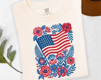 Floral American Flag Shirt Patriotic Flower USA Tee Vintage Americana Graphic Fourth of July Comfort Colors 1717