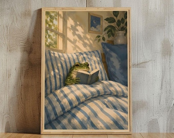 Cozy Reading Frog Poster Cottagecore Frog Wall Art Book Lover Print Whimsical Reading Nook Decor Vintage Animal Canvas