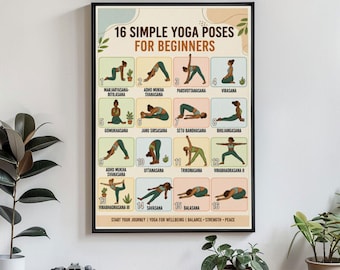 Beginner Yoga Poses Poster 16 Essential Yoga Guide Daily Stretch Routine Home Studio Poster Canvas