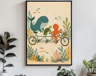 Whale Turtle Octopus Tandem Bike Poster Ocean Animals Wall Art Kids Room Decor Nursery Print Underwater Friends Art Baby Room Poster