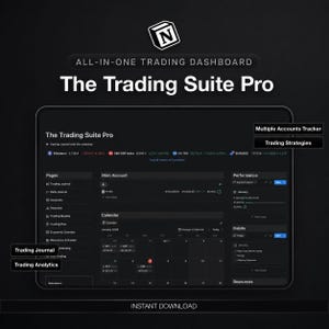 May include: A digital trading dashboard template titled The Trading Suite Pro, featuring a dark interface with sections for a trading journal, daily journal, accounts, analytics, trading models, trading plan, economic calendar, and resources.
