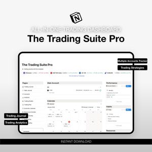 Trading Suite Pro - Panel de control de Notion Trading, plantilla de registro de operaciones, diario, herramienta de backtesting, descarga digital
