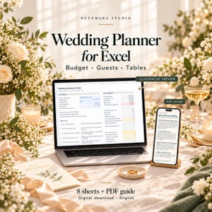 Könnte beinhalten: Ein digitaler Hochzeitsplaner für Excel, angezeigt auf einem Laptop-Bildschirm und einem Smartphone, mit einem Dashboard für Budget-, Gäste- und Tischverwaltung. Das Set enthält 8 Tabellenblätter und einen PDF-Leitfaden mit Texten.