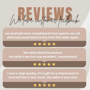 Op de afbeelding: Een afbeelding met het woord 'REVIEWS' in bruin en de tekst 'We love customer feedback'. Drie klantbeoordelingen worden weergegeven met sterren. De achtergrond is lichtbeige.