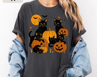 Black Cat Pumpkins Halloween Shirt, Retro Spooky Season Comfort Colors Tee