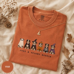 May include: A burnt orange crew neck t-shirt featuring a graphic of six Australian Shepherd dogs in various Halloween costumes, including a ghost, vampire, witch, pumpkin, skeleton, and wizard, with the text JUST A SPOOKY AUSSIE below.