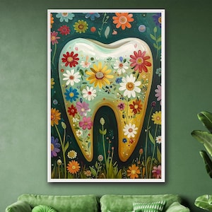 Abstract Tooth Wall Art for Dental Office -  Framed Canvas Floral tooth art gift - Tooth wall art for pediatric dentist art for waiting room