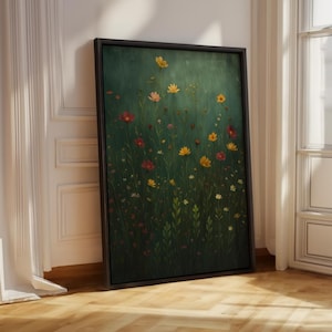 Wildflower Field Framed Wall Art Vintage Botanical Landscape Sign Floral Decor Modern Farmhouse Canvas Art Field Of Flowers Canvas Print
