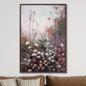 Abstract Wildflowers Field Wall Art - Vintage Floral Framed Canvas Art - Rustic Farmhouse Wall Decor -  Botanical Landscape Large Canvas