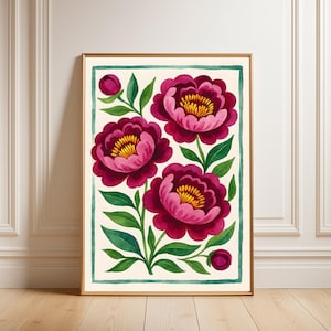 Peony Colorful Quirky Handrawn Art - Summer Peonies - Colorful Art - Bright Colorful Art Print - Floral  Modern Wall Decor Gallery Wall