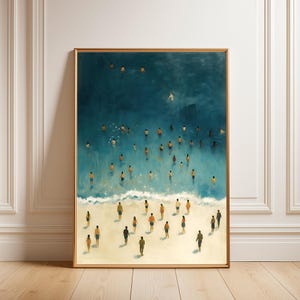 Tiny People Swimming in Ocean Coastal Print - Summer Poster Canvas Print - Beach House Decor -  Minimalist Printable Coastal Wall Art