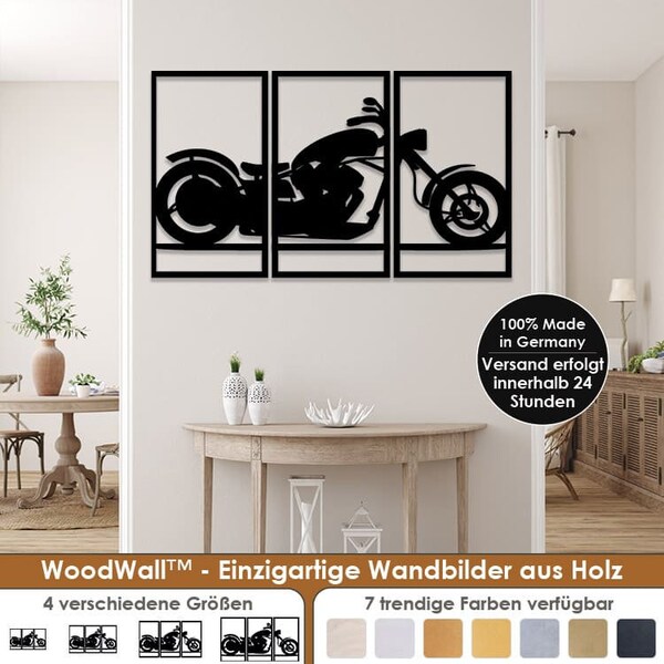 Wandbild Wohnzimmer Schlafzimmer Deko - 3D Wanddeko Holz Motorrad Biker Chopper Flur - Bild mit Halter Aufhängung Dekoration WoodWall