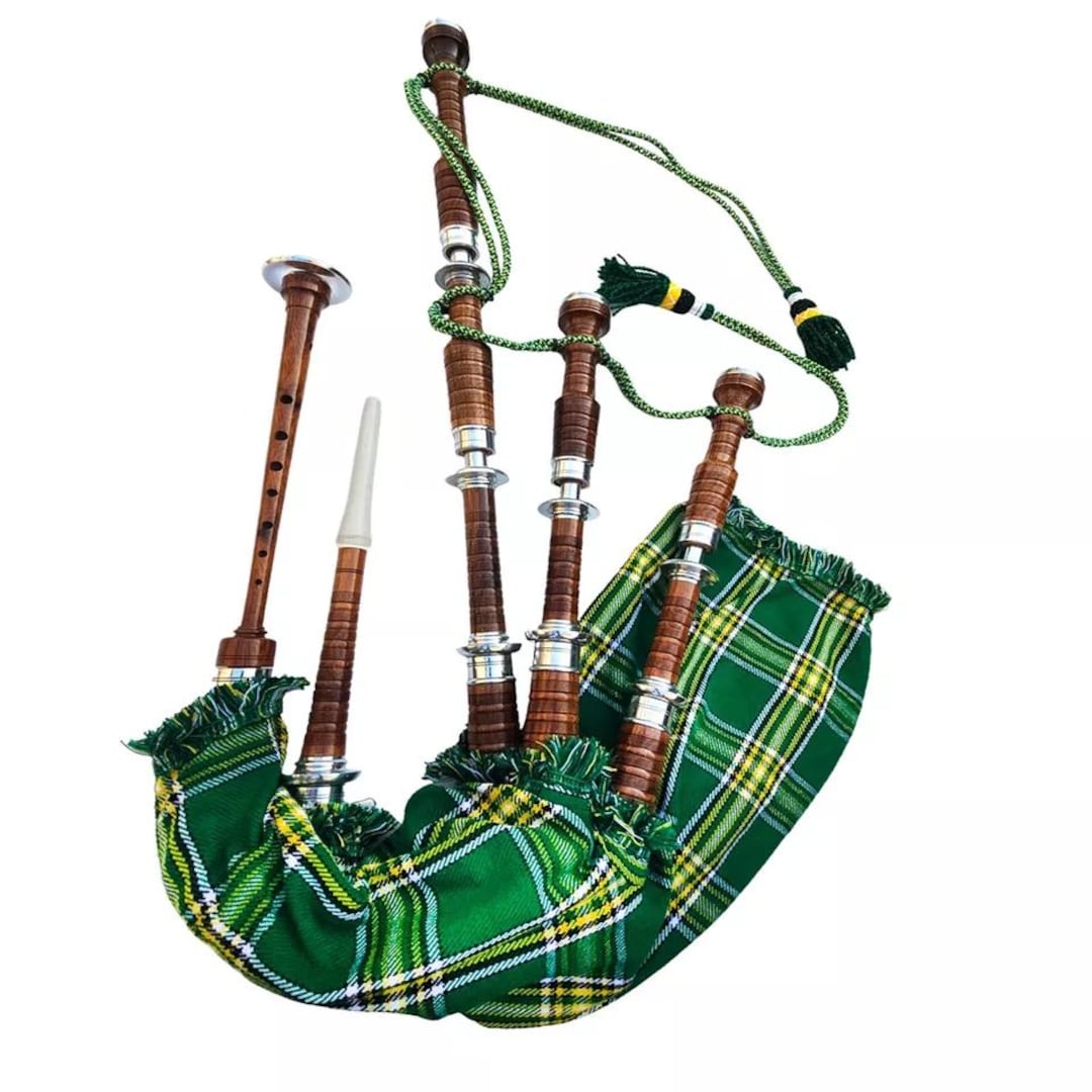 Green Bagpipe Pattern Highland Bagpipes Full Size Natural Rosewood With Silver Mounts, Irish ...