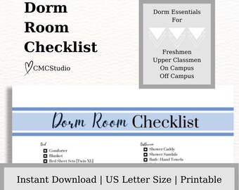 College Dorm Checklist, Dorm Essentials for Freshman Move In, College Dorm Room Digital Planner for University Students, Printable List