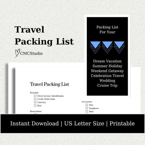Travel Packing List Digital Download Printable, Travel Planning Template, Trip Packing Planner, Vacation Travel Essentials Checklist