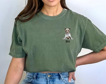 Halloween Dog Ghost Shirt, Pitbull Ghost TShirt, Dog Lovers Tee, Halloween Gift for Pit Bull Owner, Comfort Colors, Halloween Pocket Design