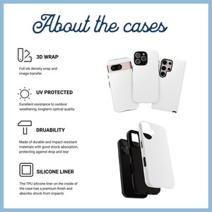 May include: Image features several white and black phone cases. The text "About the cases" is at the top. Details include 3D wrap, UV protection, durability, and a silicone liner. The cases are designed to protect against drops and wear.