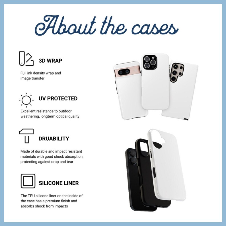 May include: Image features several white and black phone cases. The text "About the cases" is at the top. Details include 3D wrap, UV protection, durability, and a silicone liner. The cases are designed to protect against drops and wear.