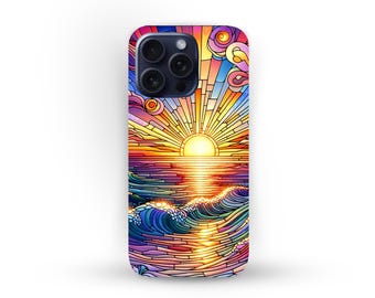 Ocean Sunset Faux Stained Glass Phone Case, Tropical Beach Caribbean Sunrise Smartphone Cover, Birthday Gift for Beach Lover