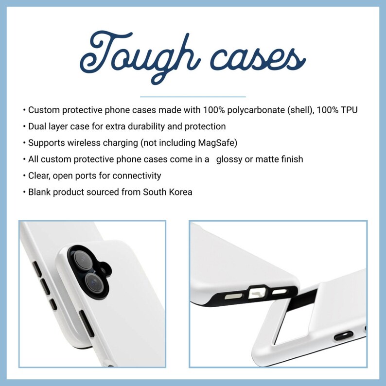 May include: White protective phone cases with the text "Tough cases". The cases are shown from different angles, highlighting their design and features. The cases are made of polycarbonate and TPU, with clear ports for connectivity.