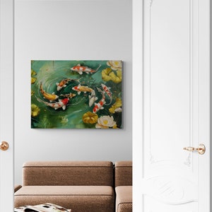 Printed Canvas Koi Fish Lotus flowers - watercolor art work - modern wall art for living room dining room bedroom good for feng shui