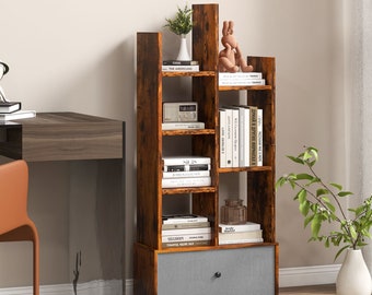 7 Tier Anti-Dripping Wooden Bookshelf with Folding Drawer