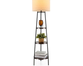 Lámpara de pie moderna con estantes y pantalla de lino