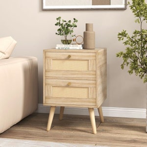 Rattan Nightstand Bedside Boho Accent with 2 Drawers