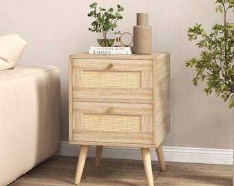 Rattan Nightstand Bedside Boho Accent with 2 Drawers