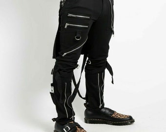 Men's Gothic Threads Reflective Pant Black Punk Buckle Zips Chain Strap Punk Trousers with understated Gothic Pants