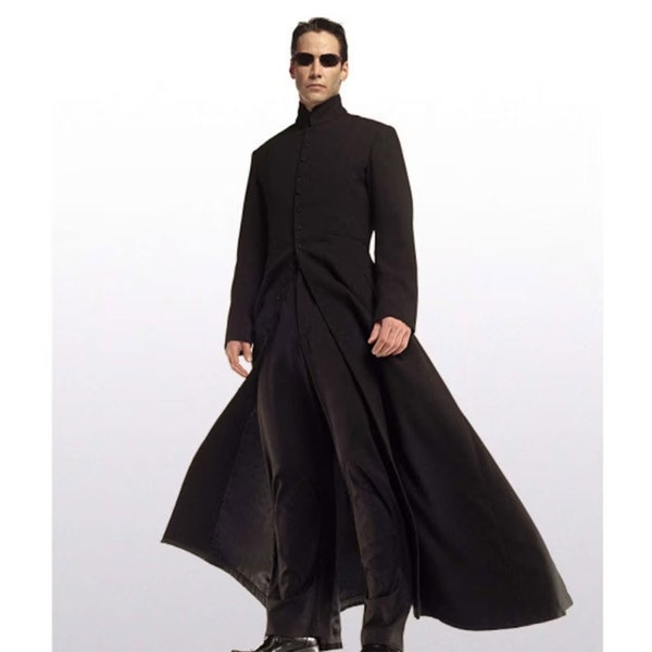 Neo Matrix Baumwolle Keanu Reeves Schwarz Gothic Cosplay Trenchcoat, Matrix Cosplay, lange schwarze Jacke, handgemachter langer Mantel in voller Länge